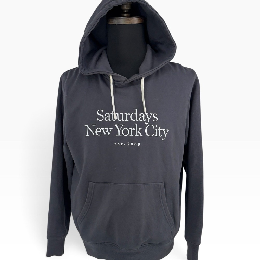 Saturdays NYC Hoodie Mens Medium Gray Logo spellout Pullover Sweatshirt EST 2009